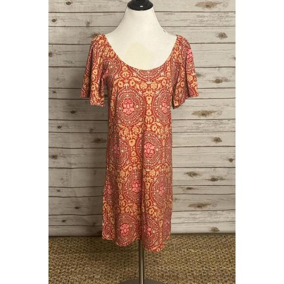 Boden red boho floral geometric scoop neck short sleeve mini shift dress Size 4R - Picture 1 of 8